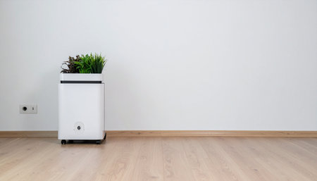 A sleek white air purifier, topped with a vibrant green plant, stands quietly in the corner of a bright, empty room.の素材