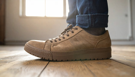 A low-angle, close-up shot of a man's stylish brown casual shoe as he stands on a sun-drenched wooden floor.の素材