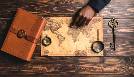 From a top-down perspective, an explorer's hand traces a path across a vintage world map, surrounded by essential tools for a grand journey: a compass for direction, a magnifying glass for detail, an.の素材
