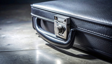 A classic black leather briefcase with a secure metal lock rests on a cold, hard floor, its contents a closely guarded secret.の素材
