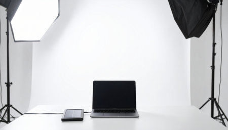 A clean, minimalist studio setup awaits a product photoshoot.の素材