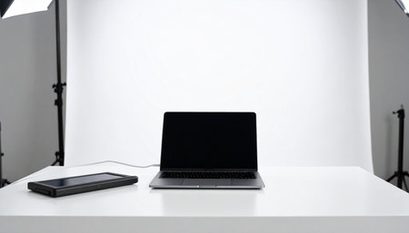 A clean, minimalist workspace featuring a laptop and graphics tablet on a white desk.の素材