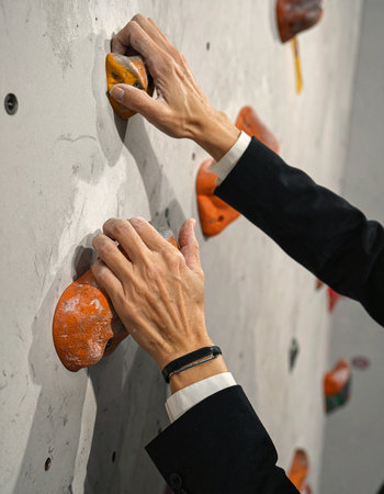 A businessman in a formal suit tackles a climbing wall, his hands gripping the holds with determination.の素材