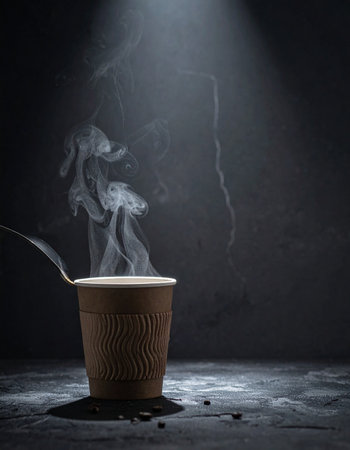 In the quiet darkness, a single spotlight illuminates a freshly brewed cup of coffee.の素材