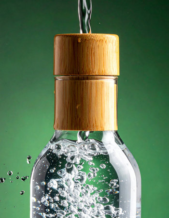 A stream of crystal-clear water pours into a stylish, reusable glass bottle with a natural bamboo cap.の素材