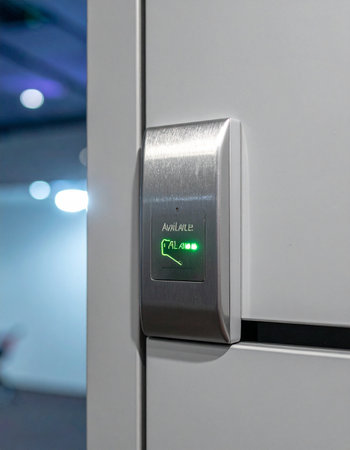 A green light illuminates on a sleek, modern access control panel, signaling successful authentication. The door is now unlocked, granting entry into a secure corporate office or high-tech facility.の素材