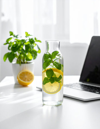 A refreshing bottle of lemon and mint infused water sits on a bright, clean desk next to a laptop, offering a moment of healthy hydration and focus during a busy workday.の素材