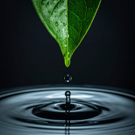 A single drop of water falls from the tip of a vibrant green leaf, creating perfect concentric ripples on the dark, still surface below.の素材