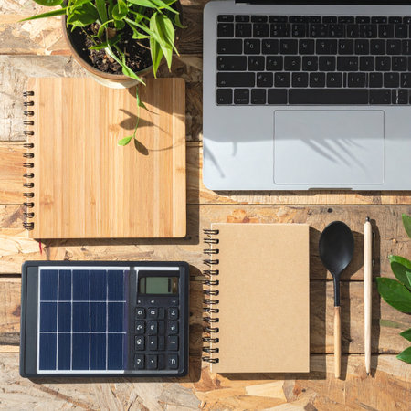 A top-down view of a modern, eco-conscious workspace.の素材