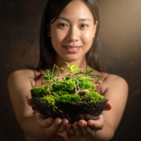 A gentle woman smiles as she holds a small, vibrant ecosystem in her cupped hands.の素材