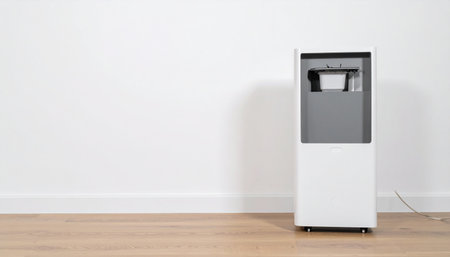 A modern portable air conditioner stands ready in a bright, empty room with clean white walls and a warm wooden floor.の素材