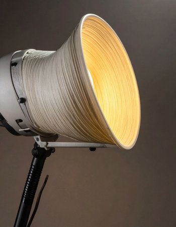 A professional studio spotlight casts a warm, focused beam of light.の素材