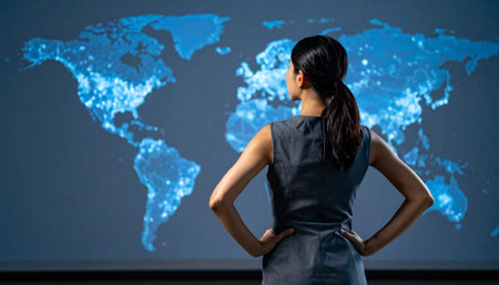 A confident businesswoman stands with hands on hips, contemplating a glowing digital world map.の素材