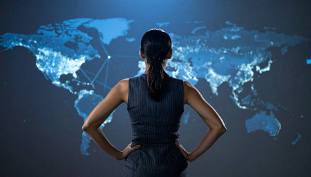 A female leader stands with determination before a glowing digital world map, analyzing global data and strategizing the next move for her international business.の素材