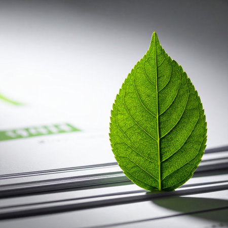 A single green leaf emerges from a stack of corporate reports, symbolizing the birth of a new sustainable business strategy.の素材