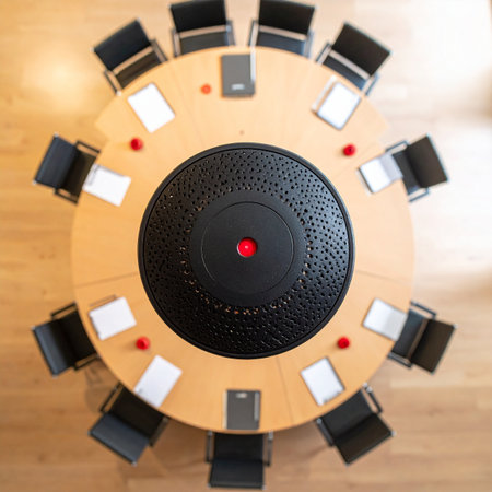An overhead perspective captures the quiet anticipation in a modern boardroom.の素材