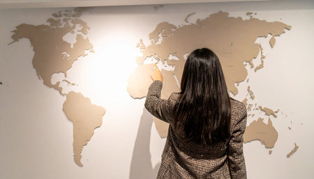 From behind, a businesswoman points to a location on a large world map mounted on a wall.の素材
