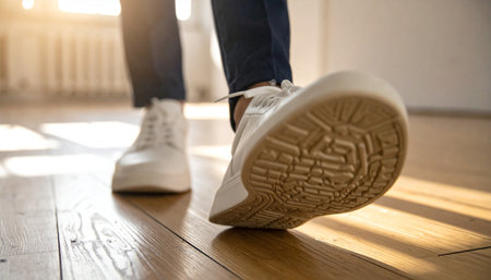 A low-angle, close-up shot captures a person in casual white sneakers taking a confident step forward on a polished hardwood floor.の素材
