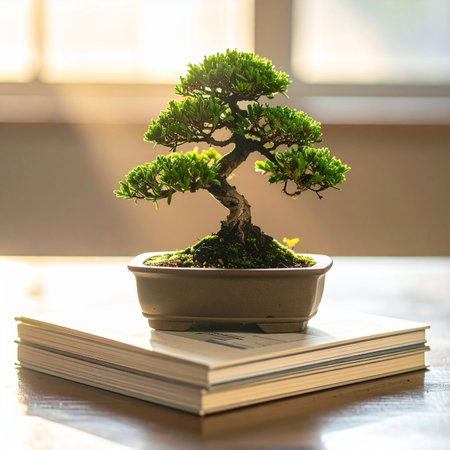 A beautifully manicured bonsai tree rests on a stack of books, bathed in the warm glow of morning sunlight from a nearby window.の素材