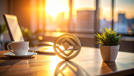 As the sun rises over the city, a Binance Coin sits on a desk, symbolizing a new era of digital finance and investment.の素材