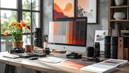 Sunlight streams into a meticulously organized creative studio, illuminating the tools of a digital artist.の素材