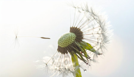 A gentle breeze whispers through a delicate dandelion clock, releasing its seeds on a new journey.の素材