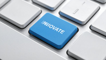 A single blue key labeled 'Innovate' stands out on a modern white keyboard, symbolizing the power of a single great idea to drive change and progress.の素材