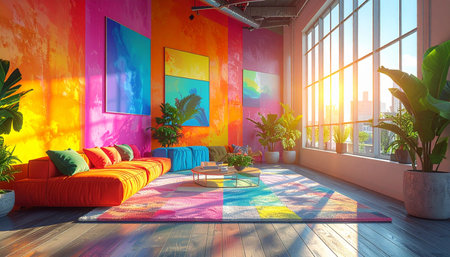 Sunlight streams through large windows, illuminating a vibrant and eclectic living space.の素材