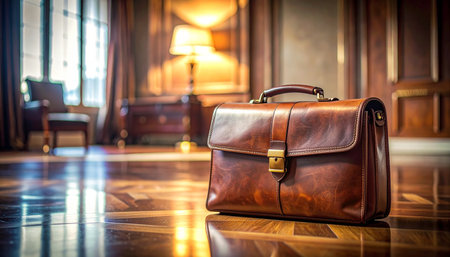 A classic brown leather briefcase sits on a polished hardwood floor, reflecting the warm, ambient light of a luxurious office.の素材