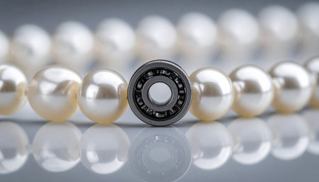 A single, dark industrial ball bearing is placed within a row of elegant white pearls, creating a powerful visual metaphor.の素材