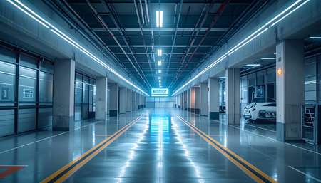 A view down a deserted underground corridor where brilliant blue neon lights reflect off the polished floor, creating a path into a high-tech, futuristic world.の素材