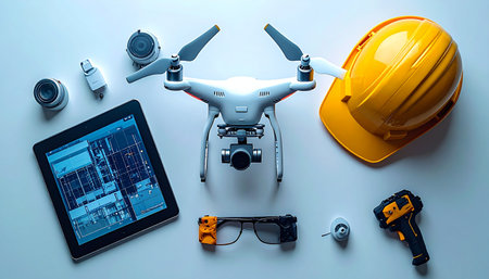 Preparing for a detailed aerial survey, this flat lay showcases the essential equipment for a modern engineer: a quadcopter drone for data capture, a tablet for analysis, smart glasses for augmented .の素材