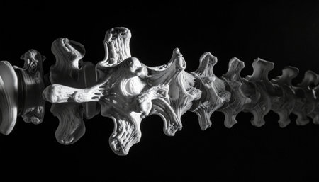 A stark, high-contrast view of the spinal column, emphasizing the intricate and powerful architecture of the human backbone.の素材