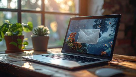 The morning sun casts a warm, golden glow across a wooden desk, illuminating a laptop where a new email has just arrived.の素材