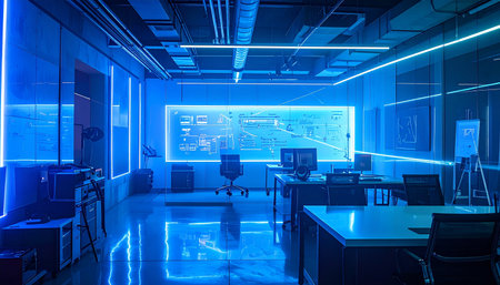 In the quiet hours after midnight, a high-tech office glows with the cool blue light of innovation.の素材