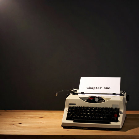 In a quiet, dimly lit room, a vintage typewriter sits ready on a wooden desk. A single sheet of paper is loaded, bearing the hopeful words 'Chapter one.の素材