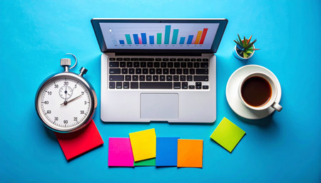 A vibrant and organized desk setup captures a moment of intense focus. A laptop displays crucial business data charts, while a stopwatch ticks nearby, symbolizing the race against a deadline.の素材