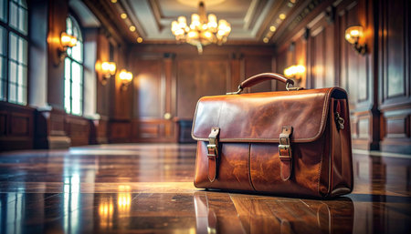 A polished leather briefcase sits on the reflective floor of a grand hall, a symbol of a high-stakes deal, a critical legal case, or a pivotal career moment waiting to unfold in the quiet, opulent sp.の素材