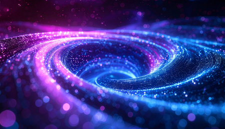 A mesmerizing digital vortex of glowing blue and purple particles swirls into a cosmic singularity.の素材