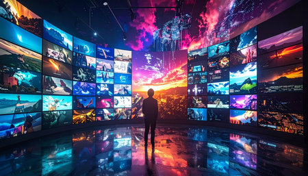 A lone figure stands in silhouette, completely surrounded by a vast array of glowing screens in a futuristic media gallery.の素材