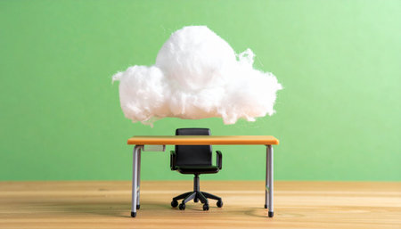 An empty office chair sits at a desk under a fluffy white cloud, symbolizing the intersection of modern business, cloud computing, and remote work.の素材