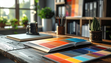 Sunlight streams into a quiet design studio, illuminating a wooden desk where creativity is about to unfold.の素材