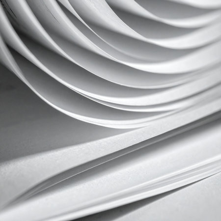 A close-up view reveals the elegant, rhythmic curves of stacked white paper sheets.の素材