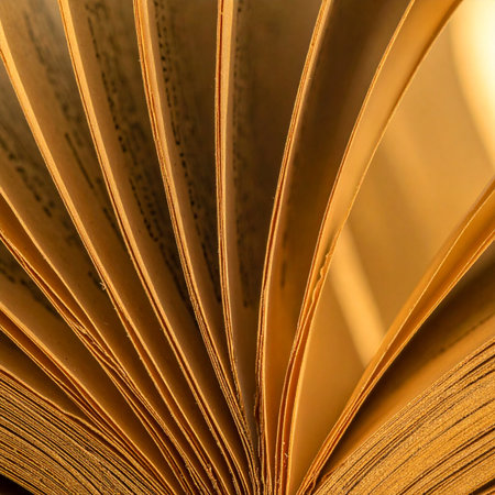 Golden light spills across the fanned pages of a vintage tome, each leaf holding a piece of history or a forgotten story.の素材