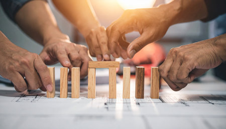 A dedicated team of engineers and architects collaborates, their hands working in unison to build a strong foundation with wooden blocks over project blueprints.の素材