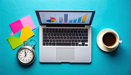 A top-down view of a modern, organized workspace captures the essence of a productive morning. A laptop displays crucial business analytics and financial charts, fueled by a fresh cup of coffee.の素材