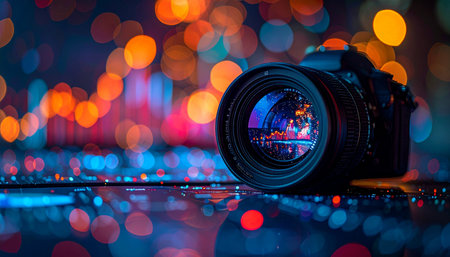 In a futuristic cityscape, a digital camera becomes a window to a world of vibrant color and light.の素材