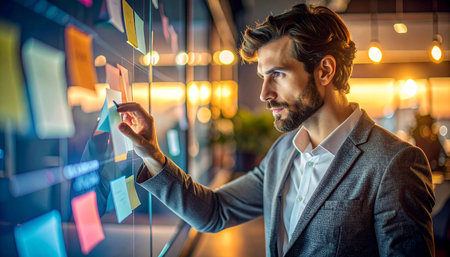 In the quiet focus of a late-night office, a dedicated strategist meticulously arranges his team's ideas on a glass board.の素材
