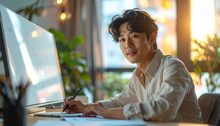 A young Asian creative professional pauses his work at a sunlit desk, looking towards the camera with a confident smile.の素材