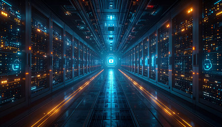 A gleaming corridor of server racks stretches into the distance, illuminated by vibrant blue and orange neon lights.の素材